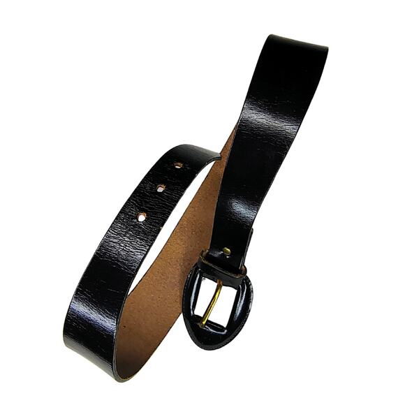 1980s Black Leather Cinching Belt Leather Wrapped Oval Buckle Brass Hardware main image 6